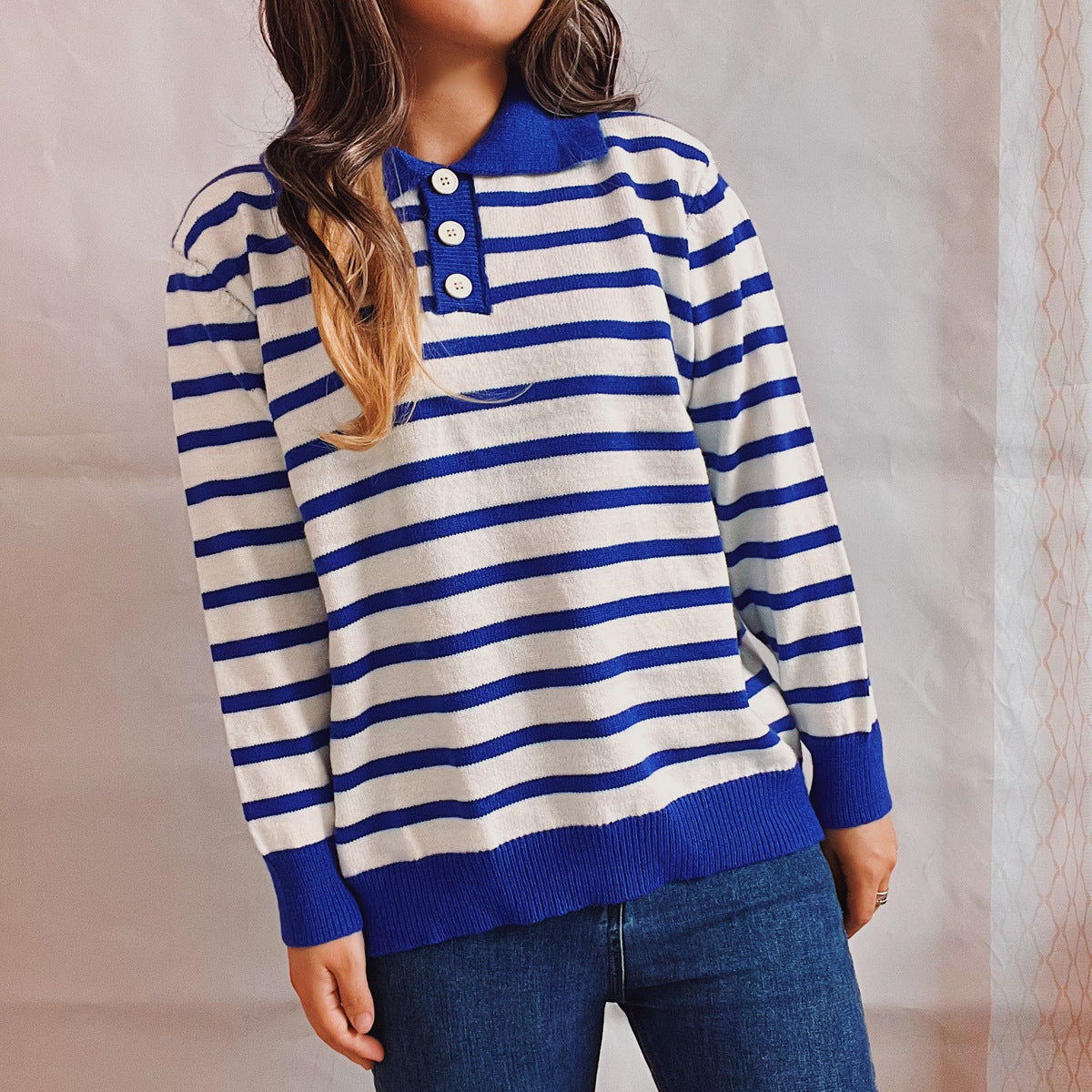 Herr Tröja Randig Långärmad Vänd Krage Polyester 4