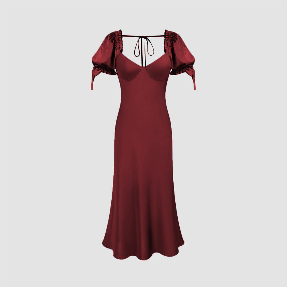 Dam Midiklänning Satin Sjöjungfruskjol Korta Ärmar-5