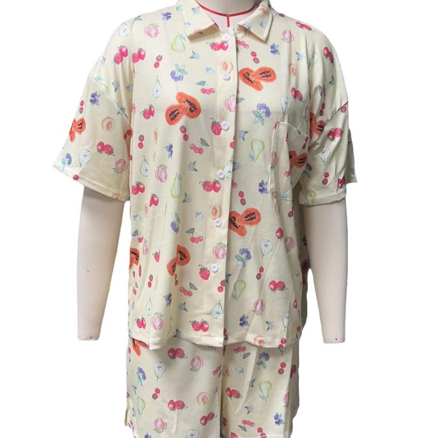 Dam Hemkläder Blommigt Kortärmad Polyester Uppsättning-6