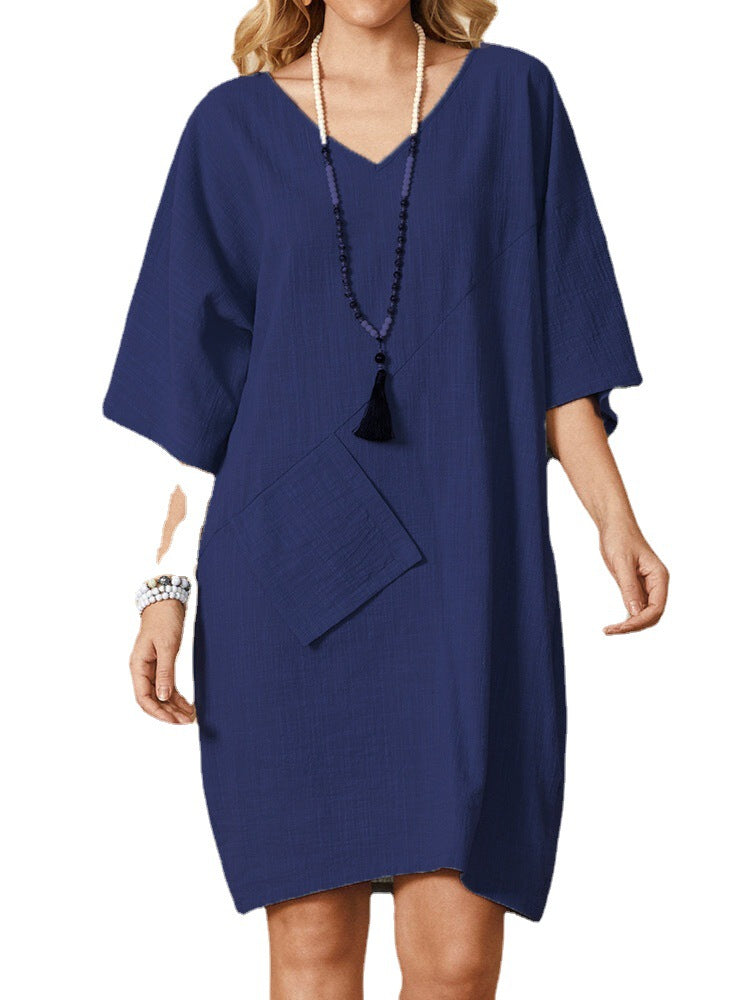 Kvinnors Midi Klänning Av Bomull Och Linne-3