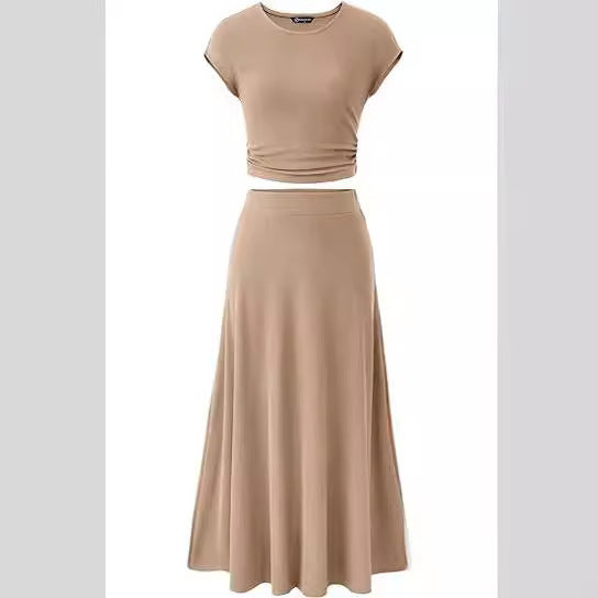 Kvinnors Midi Rock Set Crop Top Trekvartsärmar Högkvalitativt Tyg-3