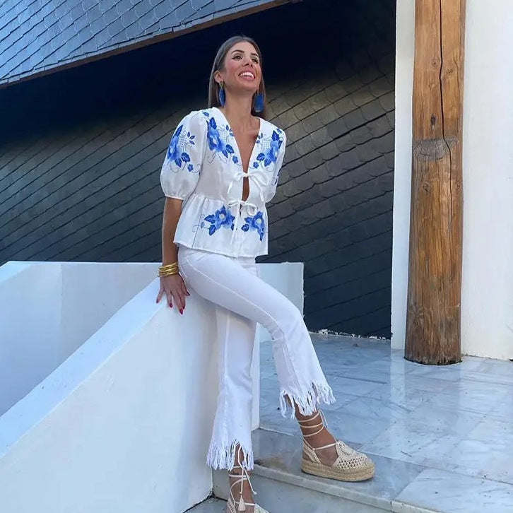 Dam Blus V-Hals Blommig Broderi Lätt Tyg 5