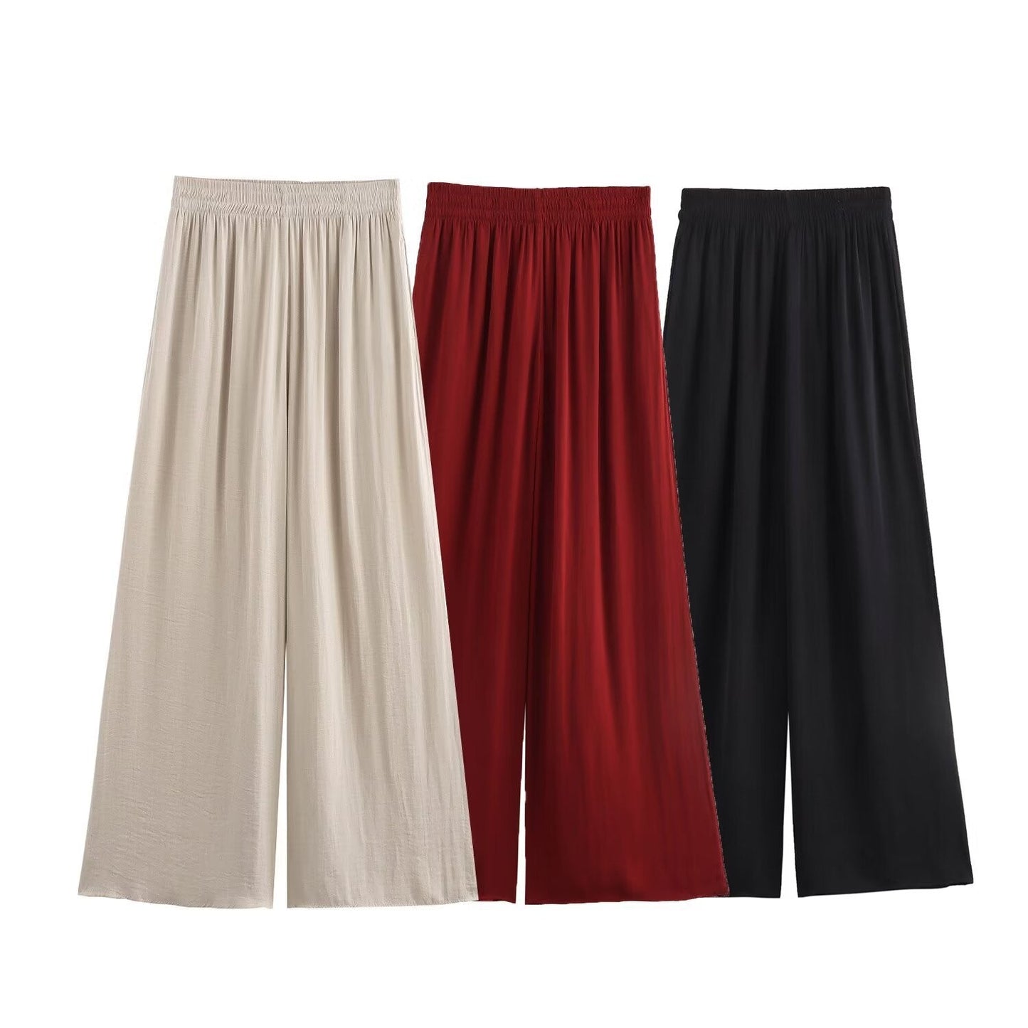 Dam Byxor Hög Midja Bred Ben i Elastisk Polyester Snygga Byxor Med Resår i Midjan-2