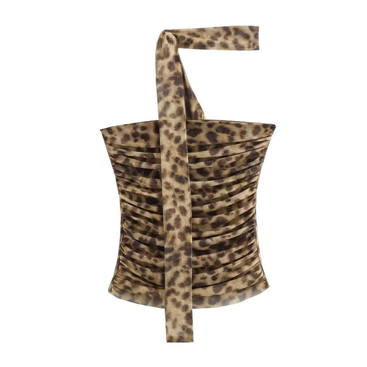 Dam Tank Top Leopardmönster Mesh Utan Remmar-1