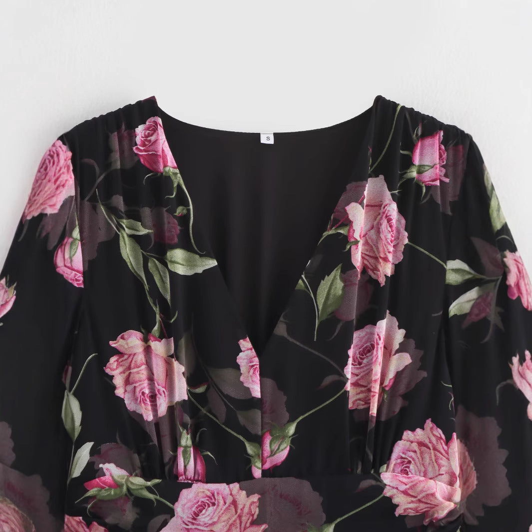 Damklänning Midi Blommönster V-ringad Chiffong A-linjeformad-2