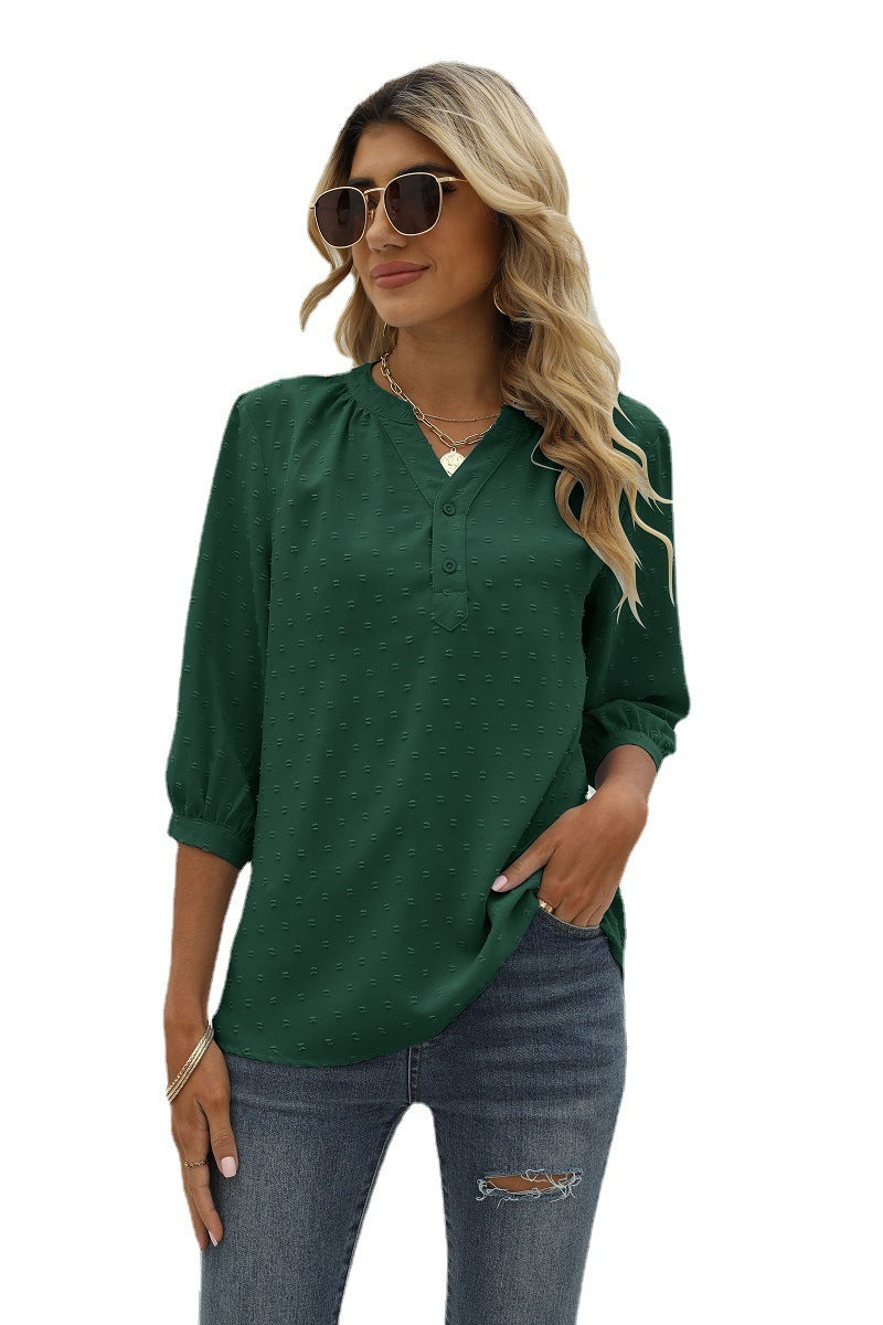 Dam Skjorta i Jacquard med Ståkrage och Halvlånga Ärmar – Lös Passform och V-neck Design 9