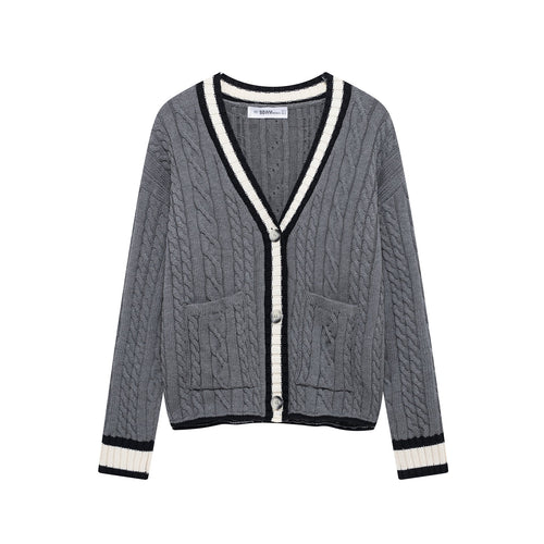 Kvinnors Cardigan Flätmönster Bomullsmix med Kontrastdetaljer-1