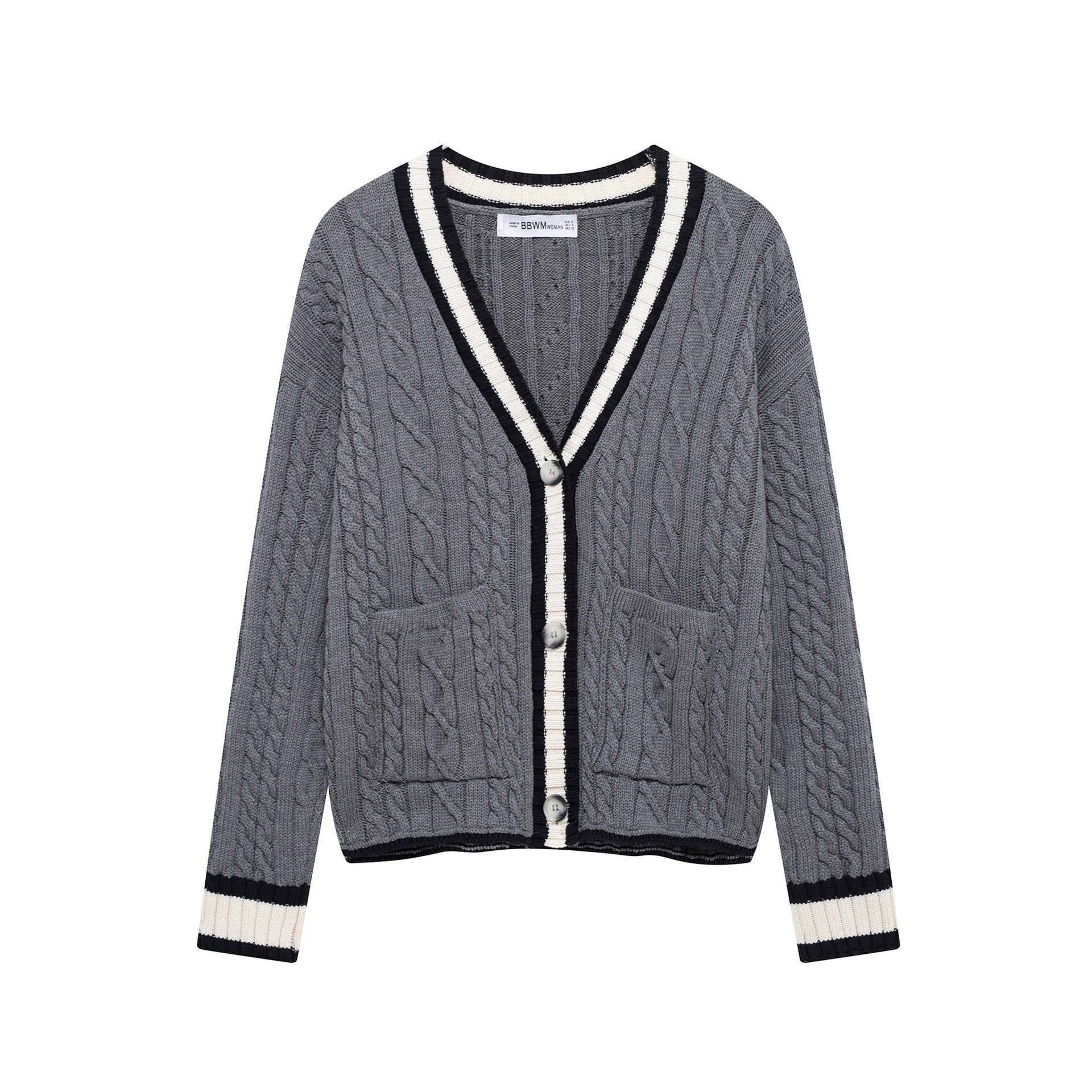 Variant image for Kvinnors Cardigan Flätmönster Bomullsmix med Kontrastdetaljer-1