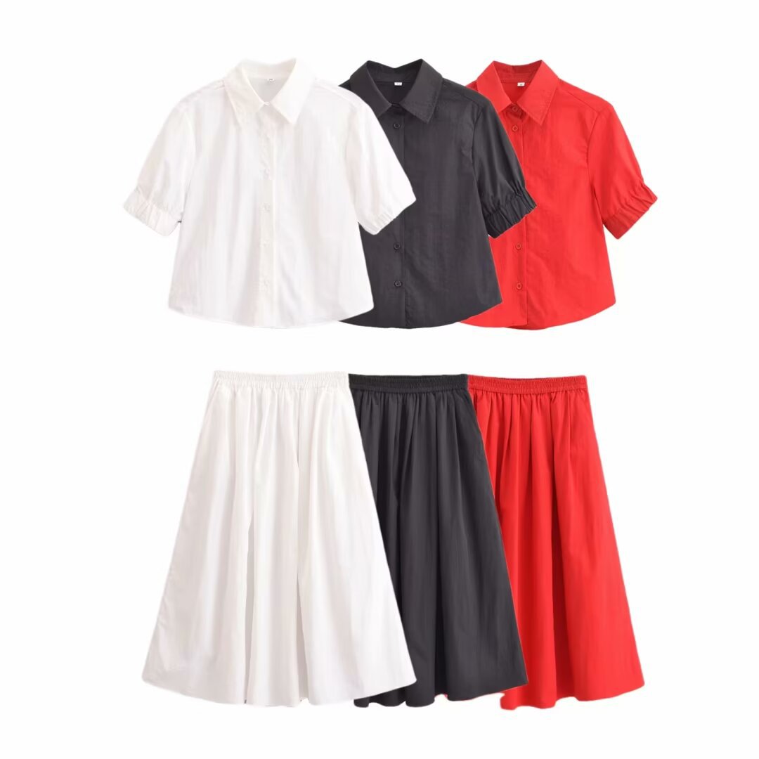 Dam Set Slim Fit Kort Skjorta och Medium Lång Kjol Högkvalitativt Tyg-2