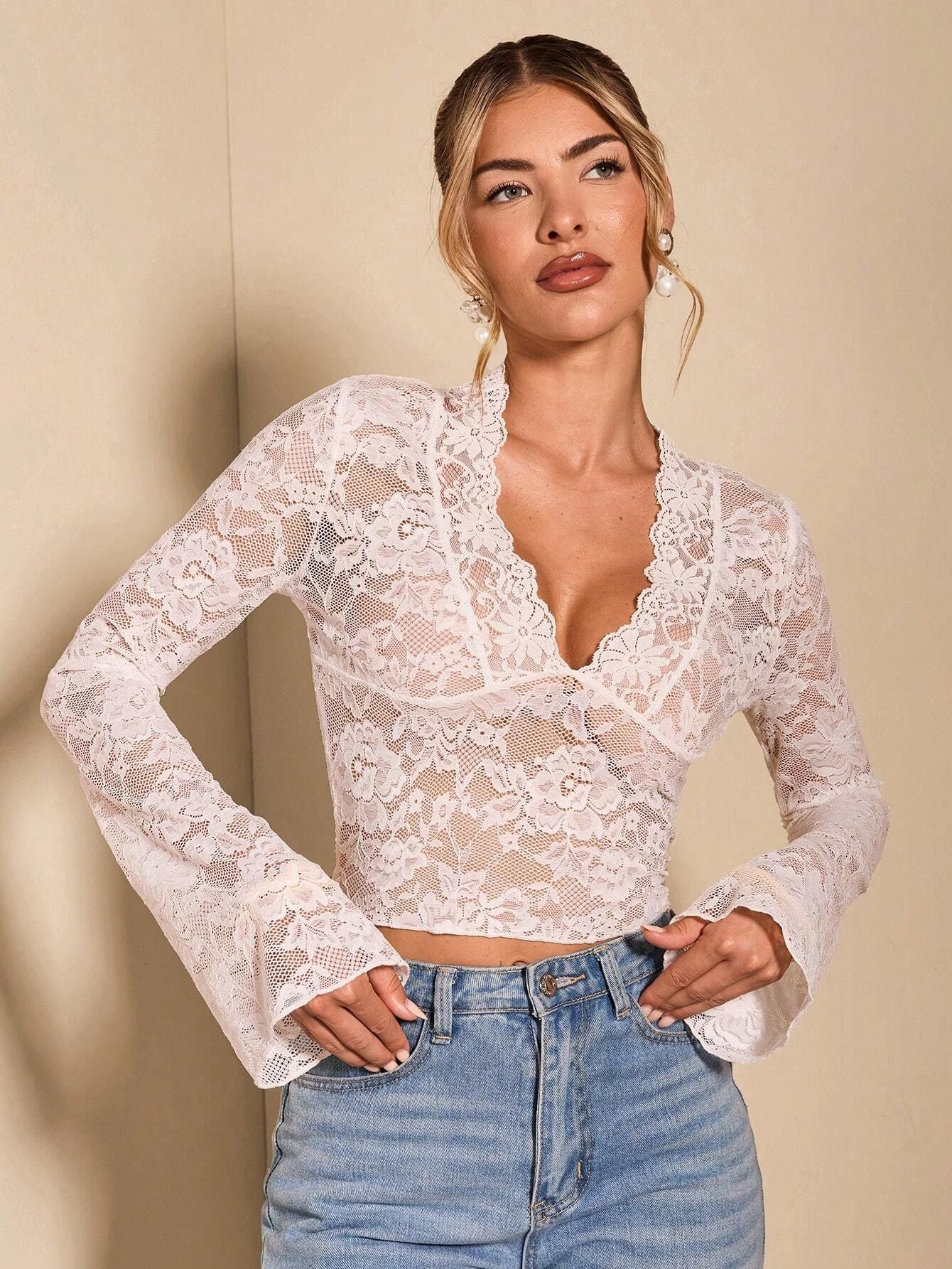 Variant image for Dam Långärmad T-shirt Transparent V-hals med Geometriskt Mönster-6