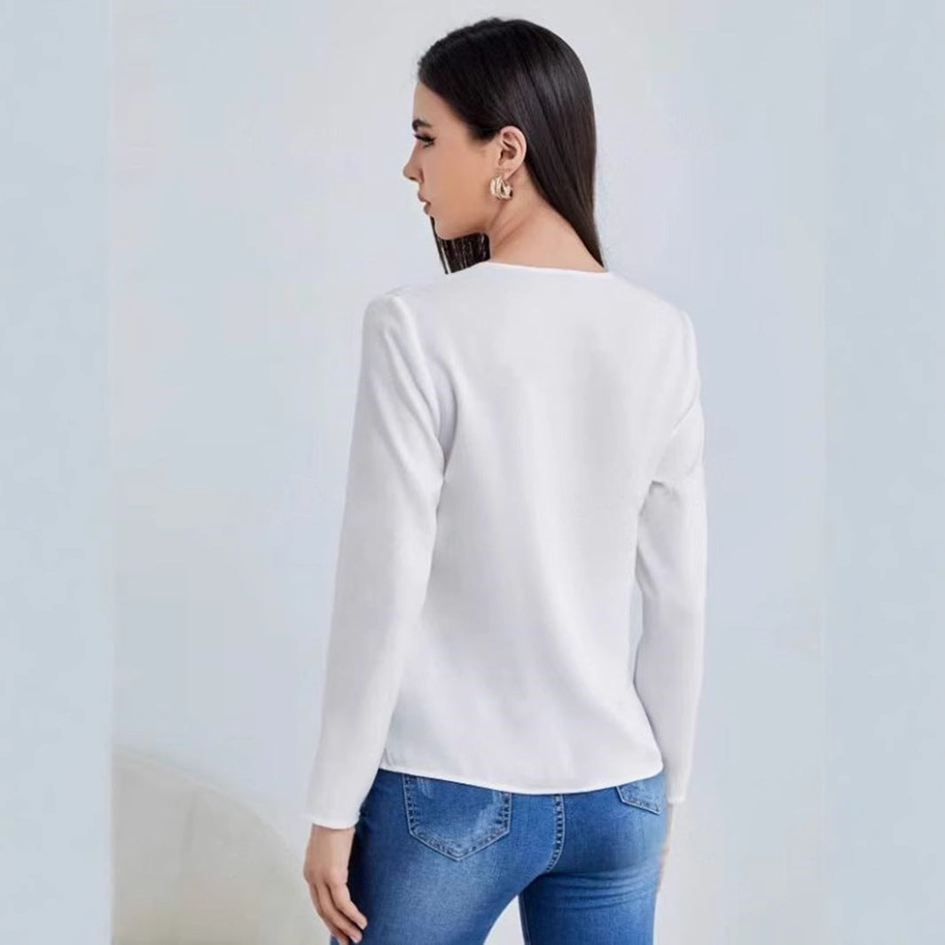 Kvinnors Skjorta V-hals Satin Lång Ärmar Elegant 5