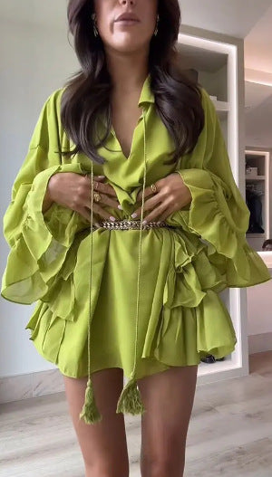 Damkläder Röd Ruffle Set V-Hals Topp Polyester Minikjol-1