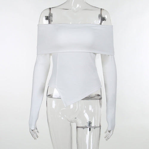Kvinnors Off Shoulder Topp Asymmetrisk Hem Långa Ärmar Mjuk Elastisk Tyg-1