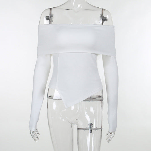 Off-Shoulder Festtopp med Asymmetrisk Hem och LĂ„nga Ărmar â Mjuk Elastisk Tyg för Kvinnor 1
