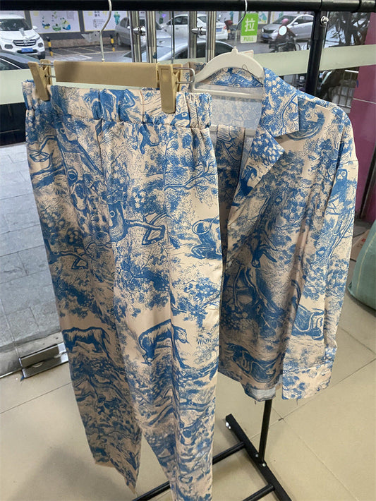 Kvinnors Byxdress Tryckt Skjorta Vida Byxor Polyester 1