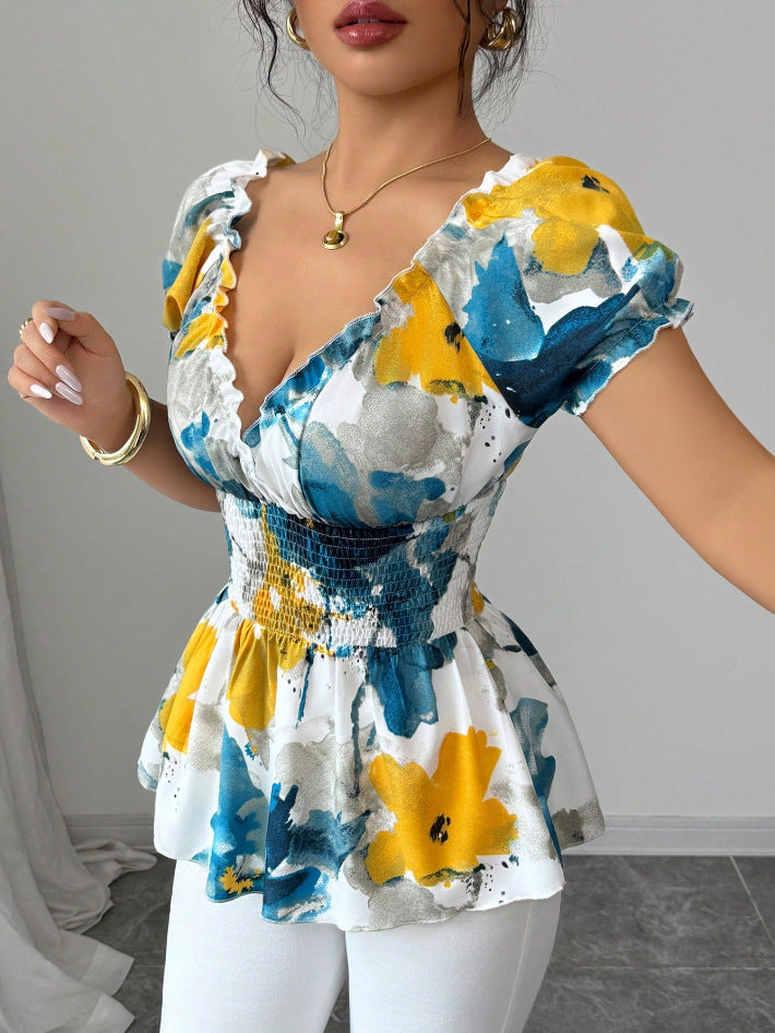 Dam Blus Blommönster Mjuk Polyester Korta Puffärmar 1