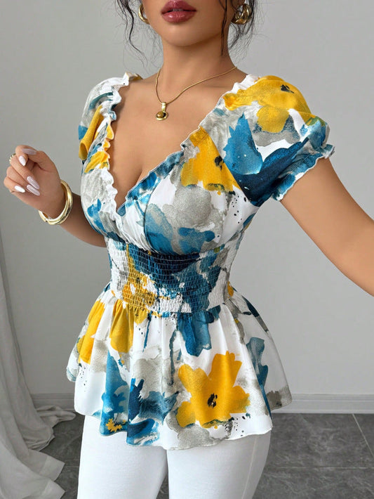 Dam Blus Blommönster Mjuk Polyester Korta PuffÀrmar 1