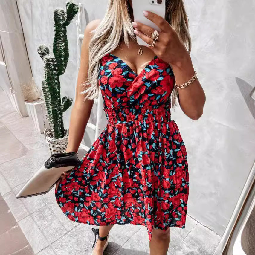 Kvinnors Midi Klänning Blommig V-Ringning Polyester A-Linjeformad-3