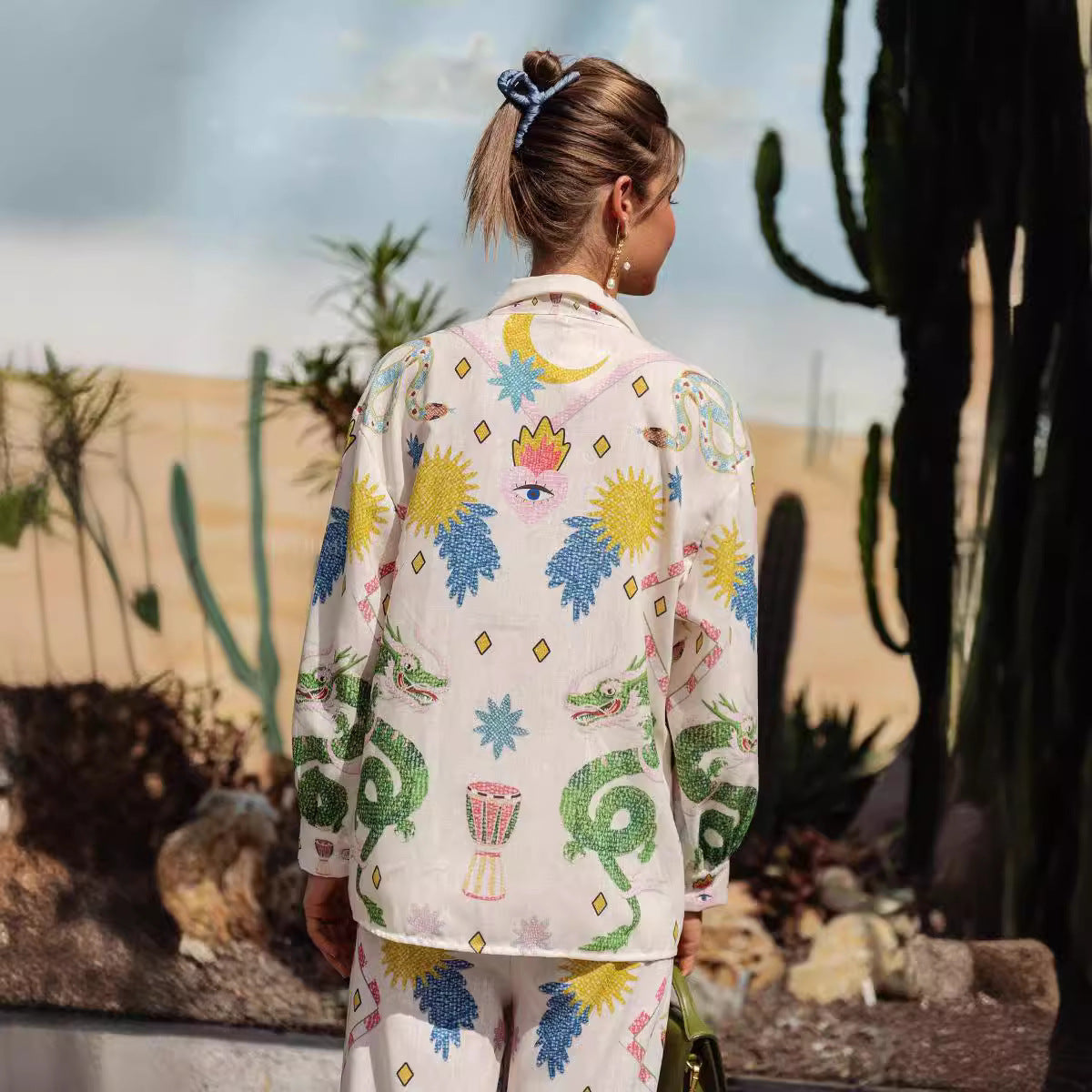 Matchande Set Dam Blommig Långärmad Skjorta och Byxor 100% Bomull 4