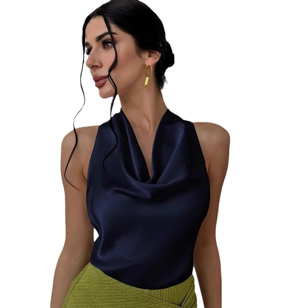 Dam Ärmlös Kamisol Halterneck Satin Rynkad-5