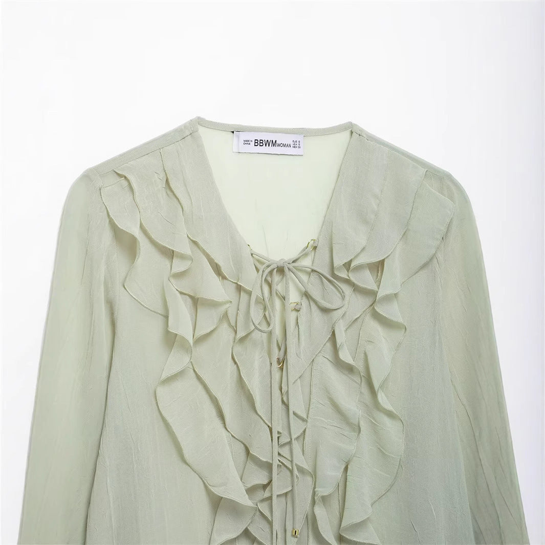 Unisex Skjorta Halvtransparent V-Hals Polyester Bomull-4