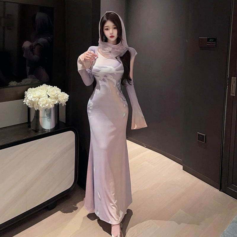 Dam Klänning Bodycon Maxi Stretch Mesh med Huva-2