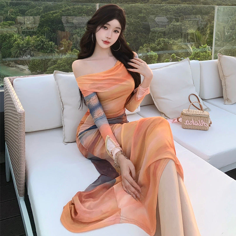 Damklänning Blommig Draperad Smal Snitt Polyester Lång Kjol-5