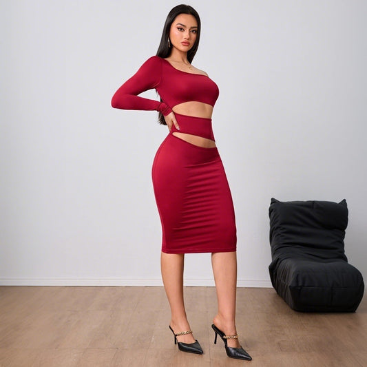 Kvinnors Midi Klänning Bodycon En Axel Polyester Elastan-1