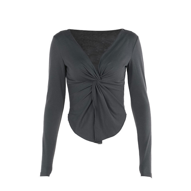 Dam Långärmad Topp Wrap Design Elastisk V-halsning 6