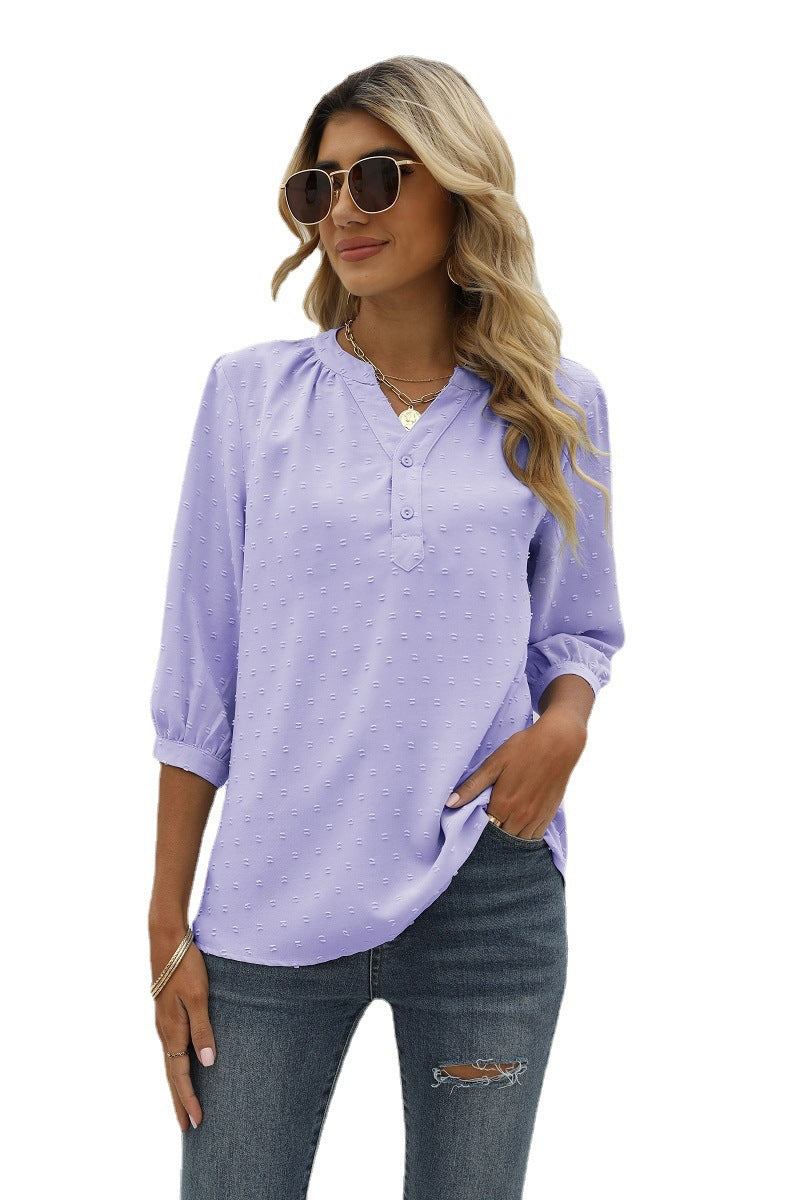 Dam Skjorta i Jacquard med Ståkrage och Halvlånga Ärmar – Lös Passform och V-neck Design 10