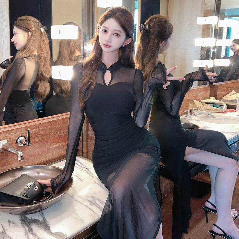 Kvinnors Långärmad Klänning Nät Hög Slits Polyester-4