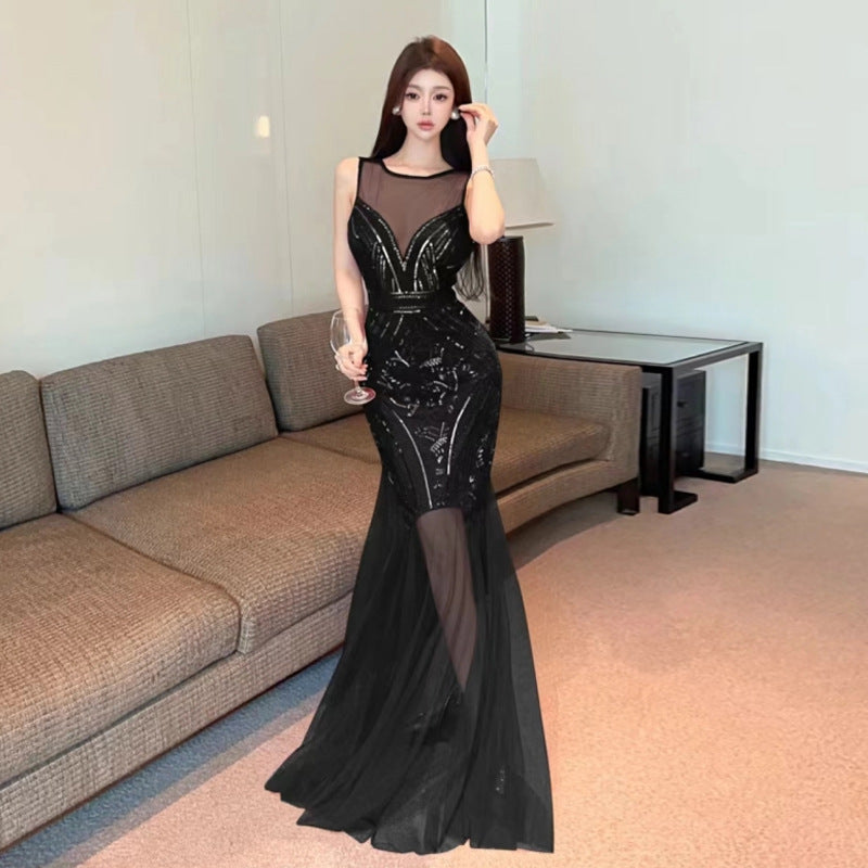 Dam Aftonklänning Långärmad Paljett Polyester Elegant Festklänning 6