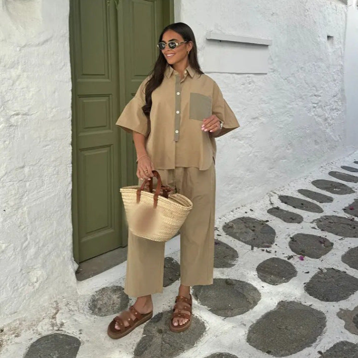 Tvådelat Set Dam Avslappnad Skjorta och Breda Byxor i Andningsbar Bomullsblandning 2