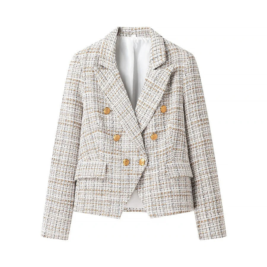Kvinnors Blazer Set Kontrollmönster Gyllene Knappar Högkvalitativt Tyg 2