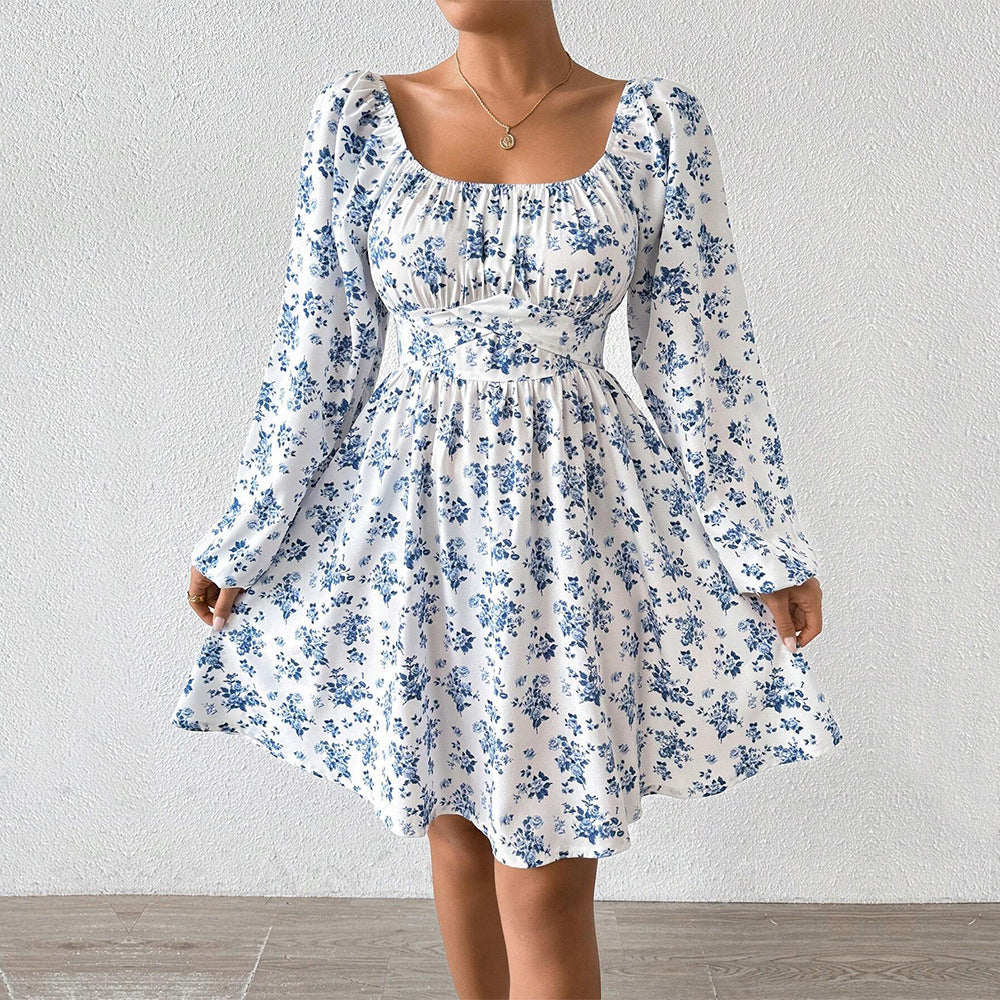 Dam A-linjeformad Kjol Blommönster Polyester Fyrkantig Halsringning-1