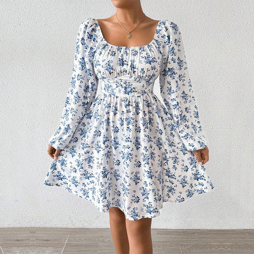 Dam A-linjeformad Kjol Blommönster Polyester Fyrkantig Halsringning-1