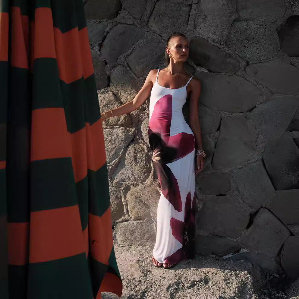 Kvinnors Midi Klänning Blommig Spaghetti Band Polyester-3