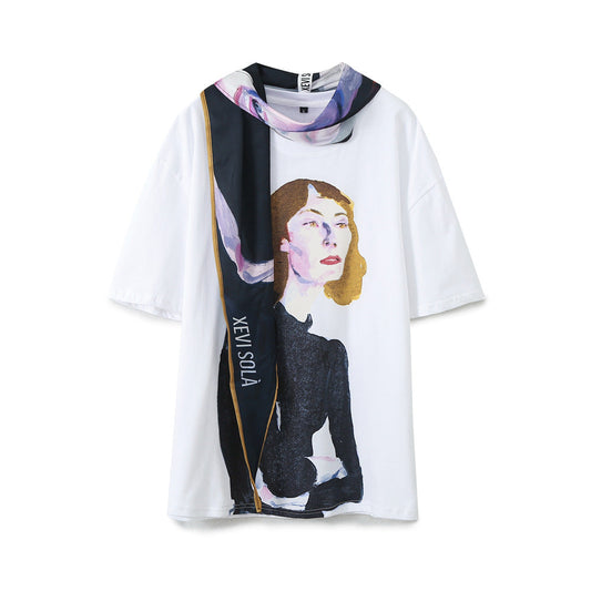 Dam T-shirt KonstnÀrlig Design Mjukt Material med Halsduk-1