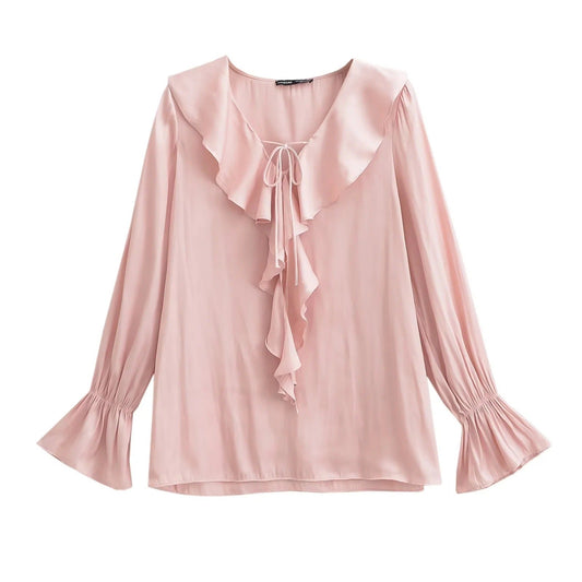 Dam Blus V-ringad med Volangdetaljer i LĂ€tt Material 1