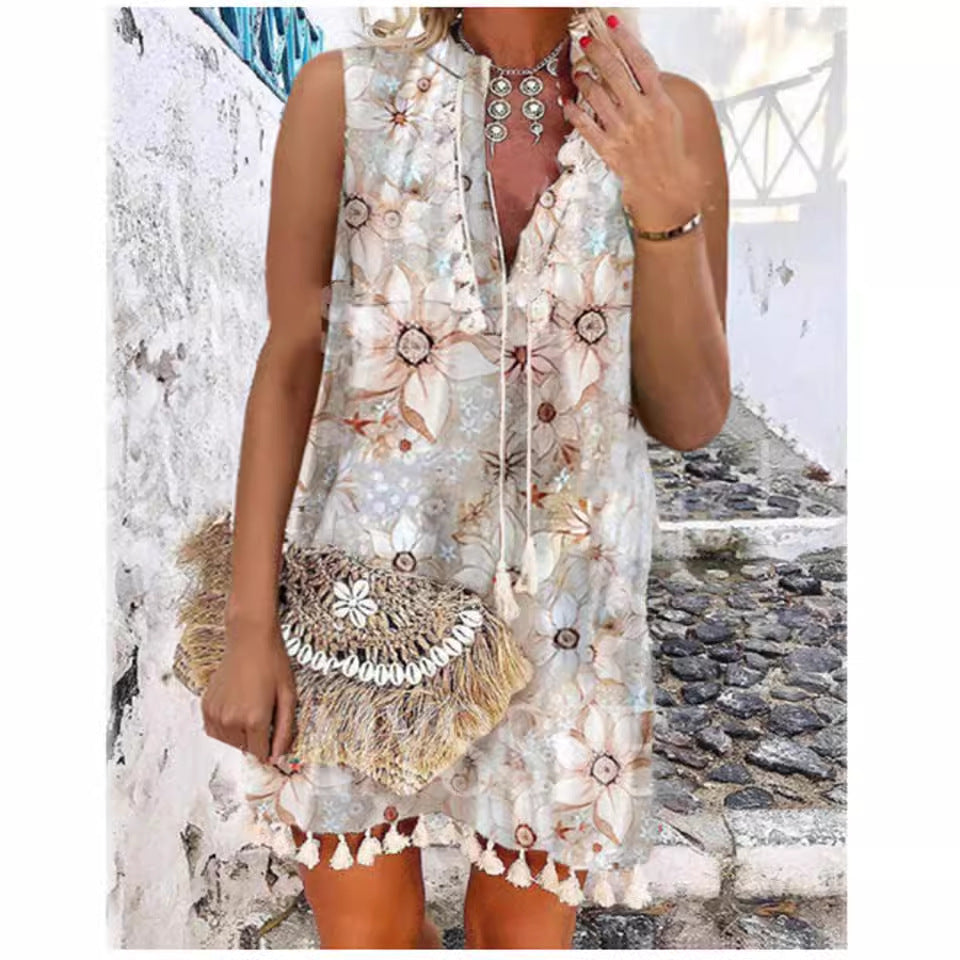 Kvinnors Midi Klänning Ärmlös V-hals Tryckt Polyester 3