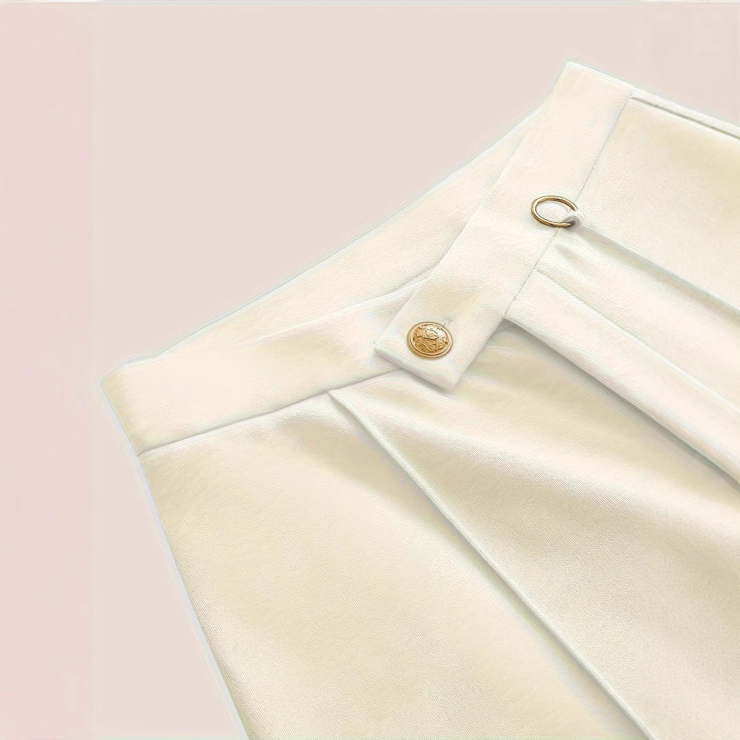 Kvinnor Palazzo Byxor Hög Midja med Knappdetaljer och Sidospår i Andningsbart Material-3