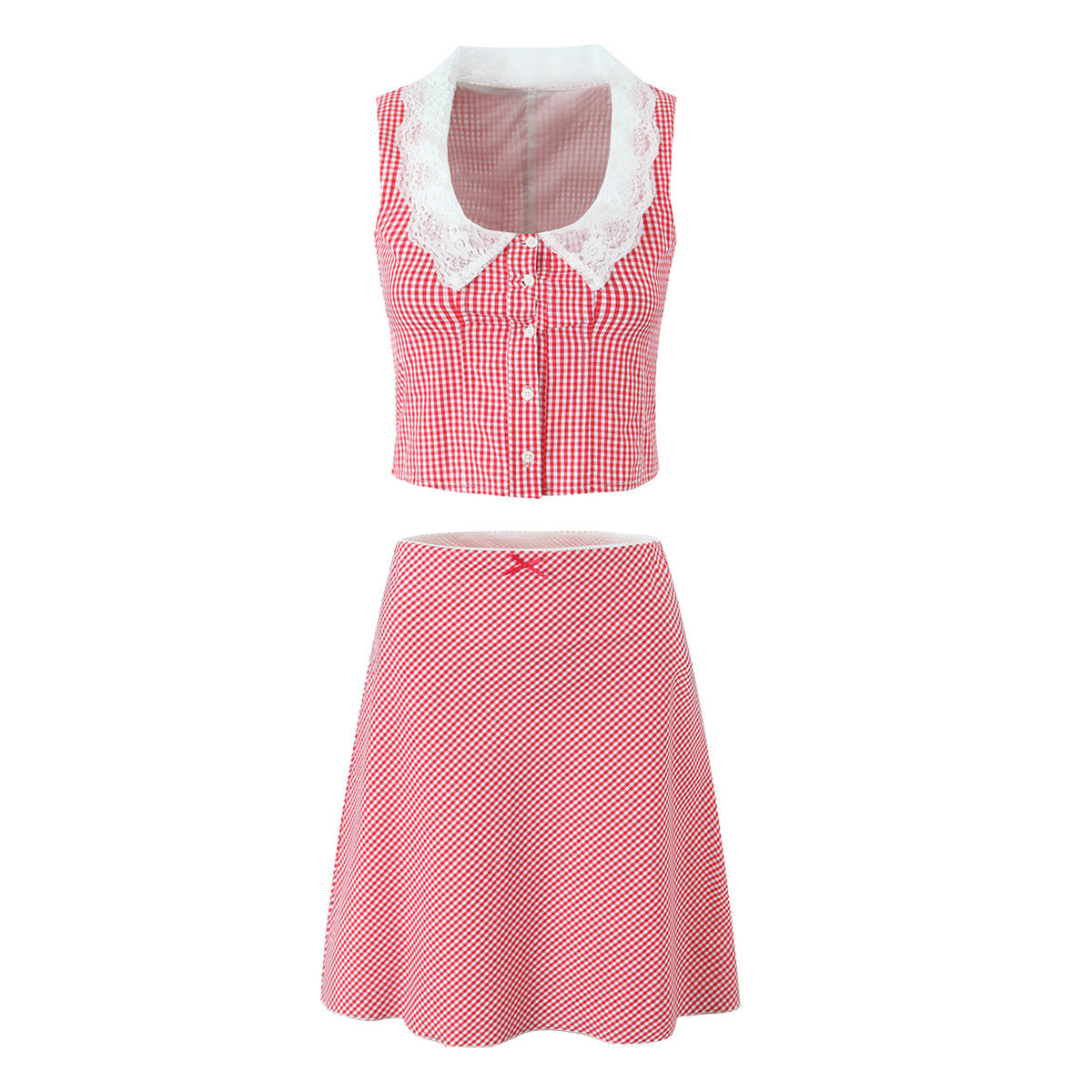 A-linje Topp med Knappar och Rutig Kjol för Dam - Ärmlös Sommarkläder i Polyester 2