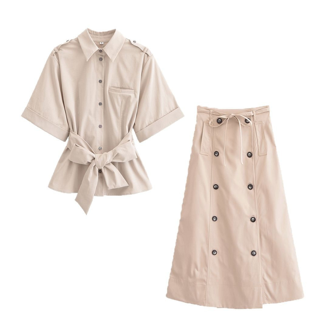 Dam Rock Set Urban Stil Polyester Midilång Kjol Långärmad Skjorta-2