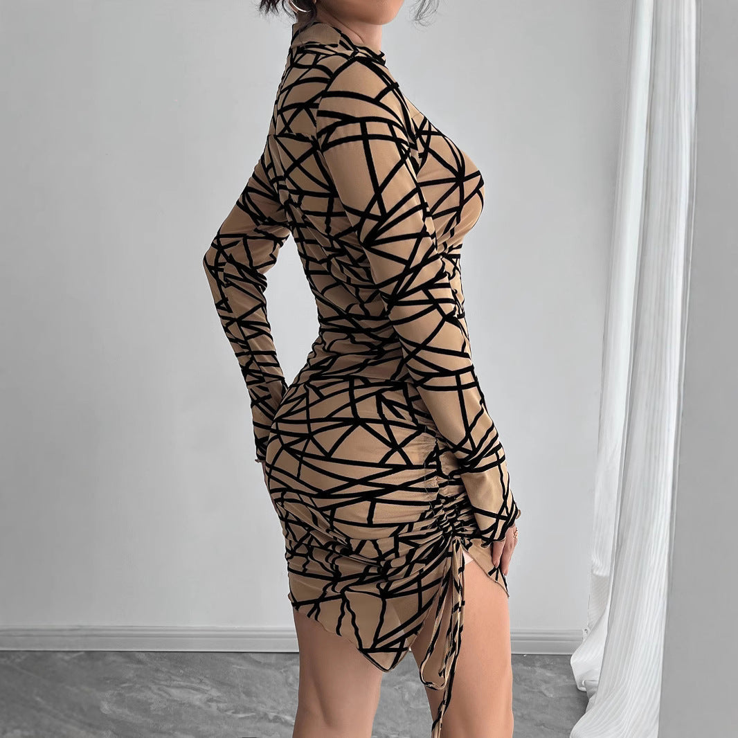 Kvinna Asymmetrisk Klänning Hög Midja Lång Ärmar Mjuk Tygblandning-3