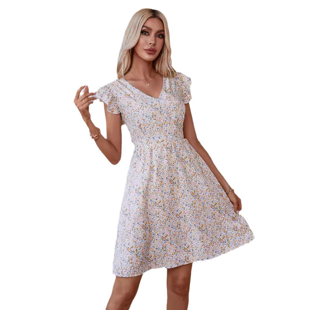 Damklänning A-linjeformad V-ringning Blommönster Polyester Midi-längd-6