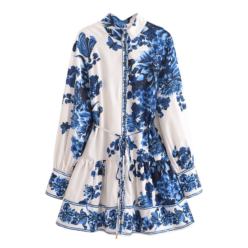 Dam Lång Kjol Mönstrad Halvhög Krage Polyester Elegant Stil-6