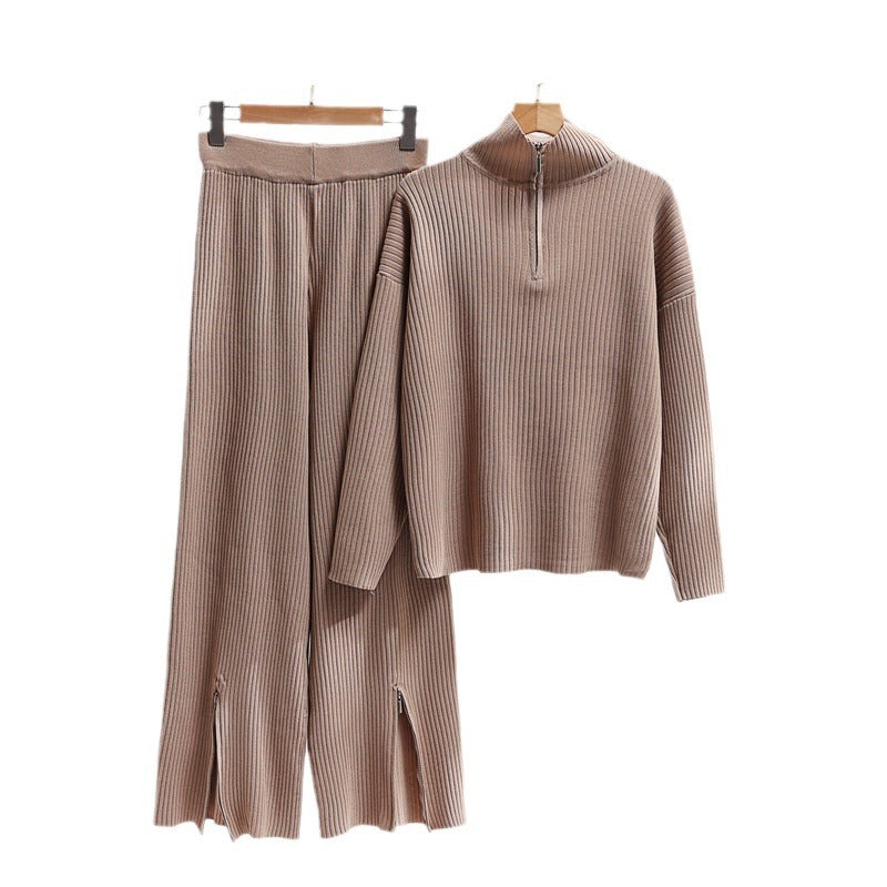 Dam Set Löst Stickad Tröja Delade Byxor Spandex-4