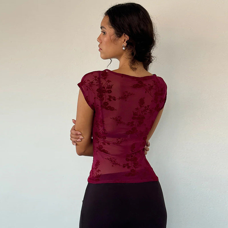 Kvinnors Blommönstrad Topp Transparent Andningsbart Tyg 3