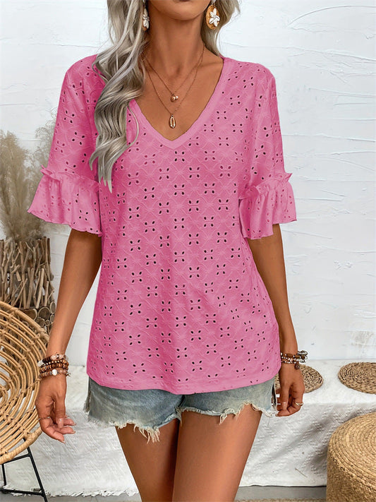 Dam Blus V-ringning VolangÀrmar Bomull-1