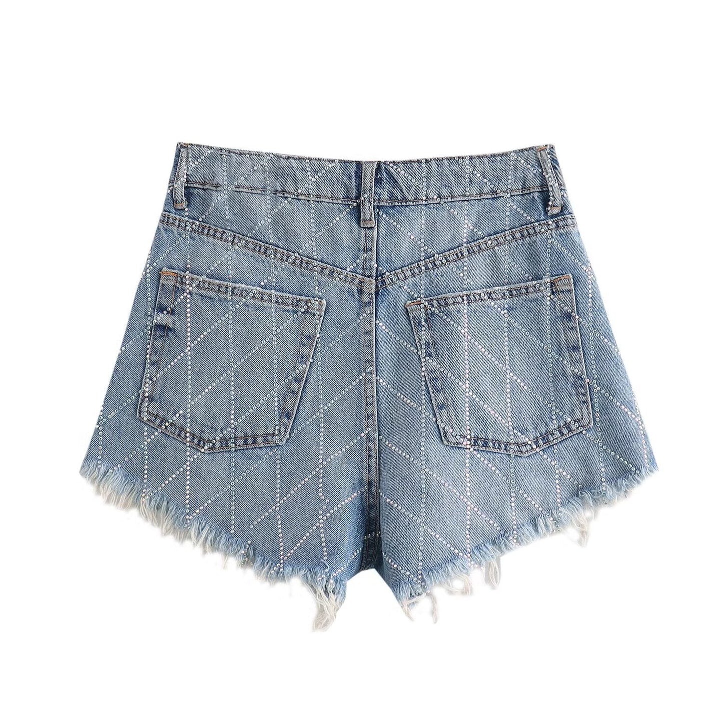 Högmidjade Denim Shorts för Kvinnor med Strassdetaljer och Trasiga Nederkanter – Komfortabel och Trendig Sommerstil 2